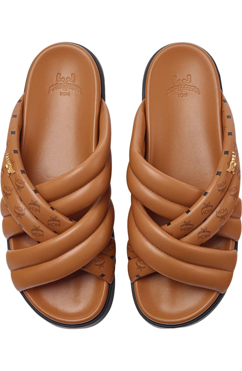 MCM Monogram Print Cross Sandals in Lamb Leather, Alternate, color, Cognac