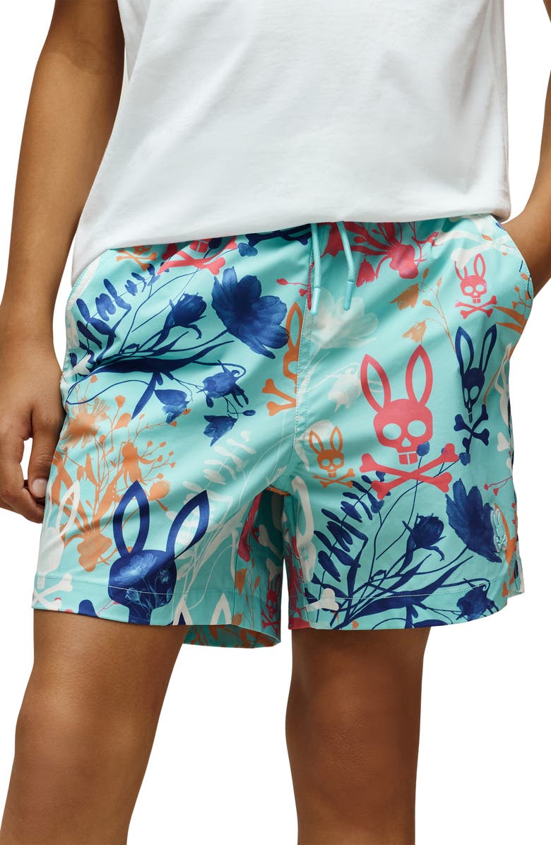 Psycho Bunny Kids' Santino Print Swim Trunks, Alternate, color, Aqua Haze