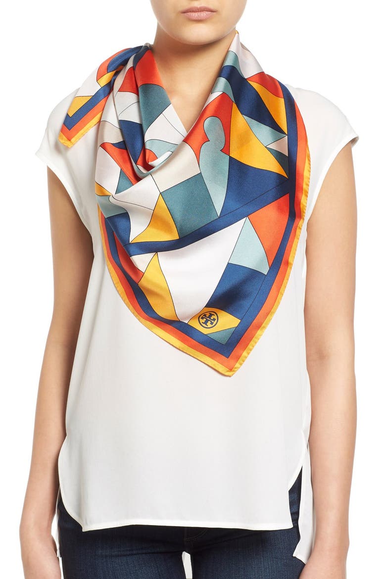 Fret Print Square Silk Scarf, Main, color, TIDAL WAVE
