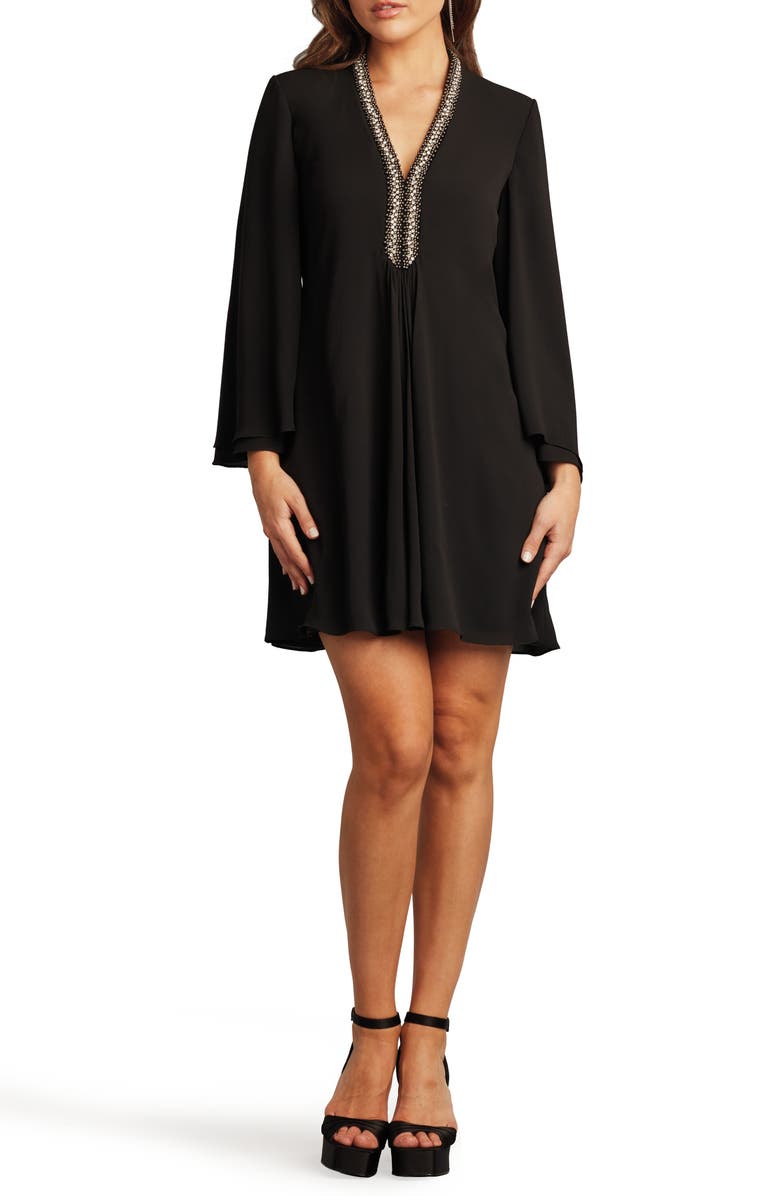 SHO by Tadashi Shoji Bead Detail Long Sleeve Swing Dress, Main, color, Black