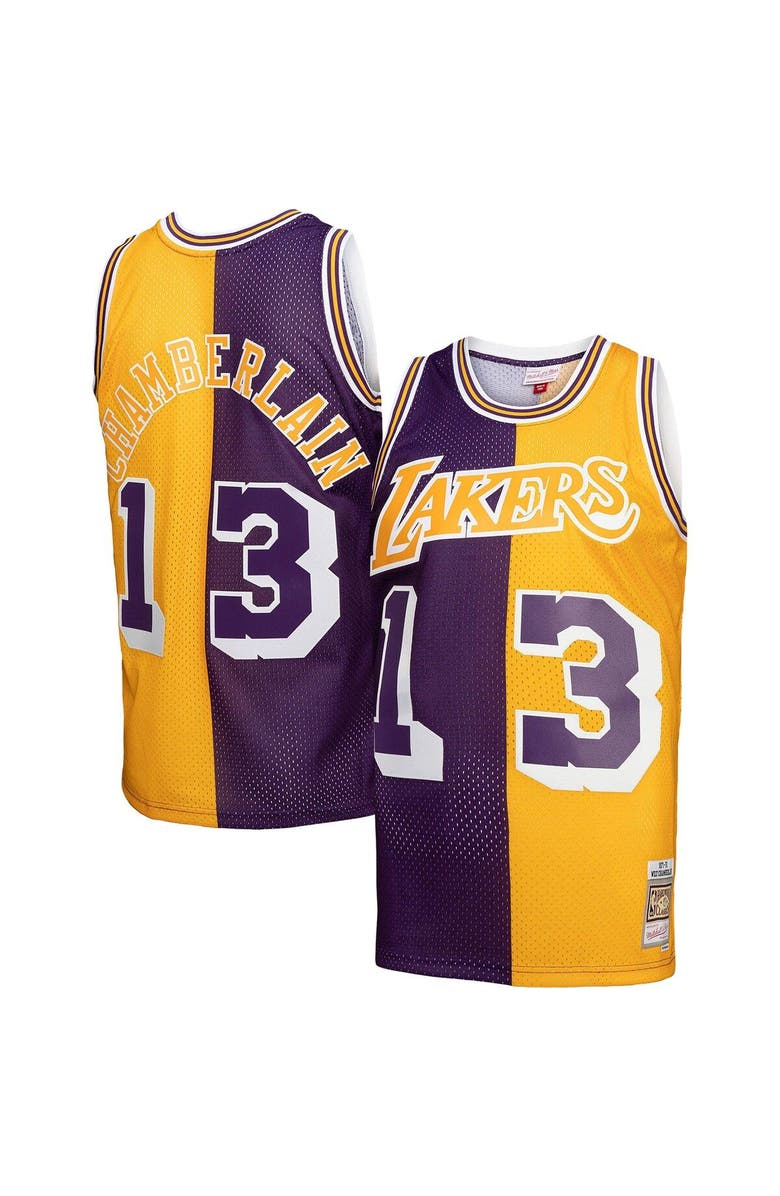 Mitchell & Ness Men's Mitchell & Ness Wilt Chamberlain Purple/Gold Los Angeles Lakers Hardwood Classics 1971/72 Split Swingman Jersey, Alternate, color, 