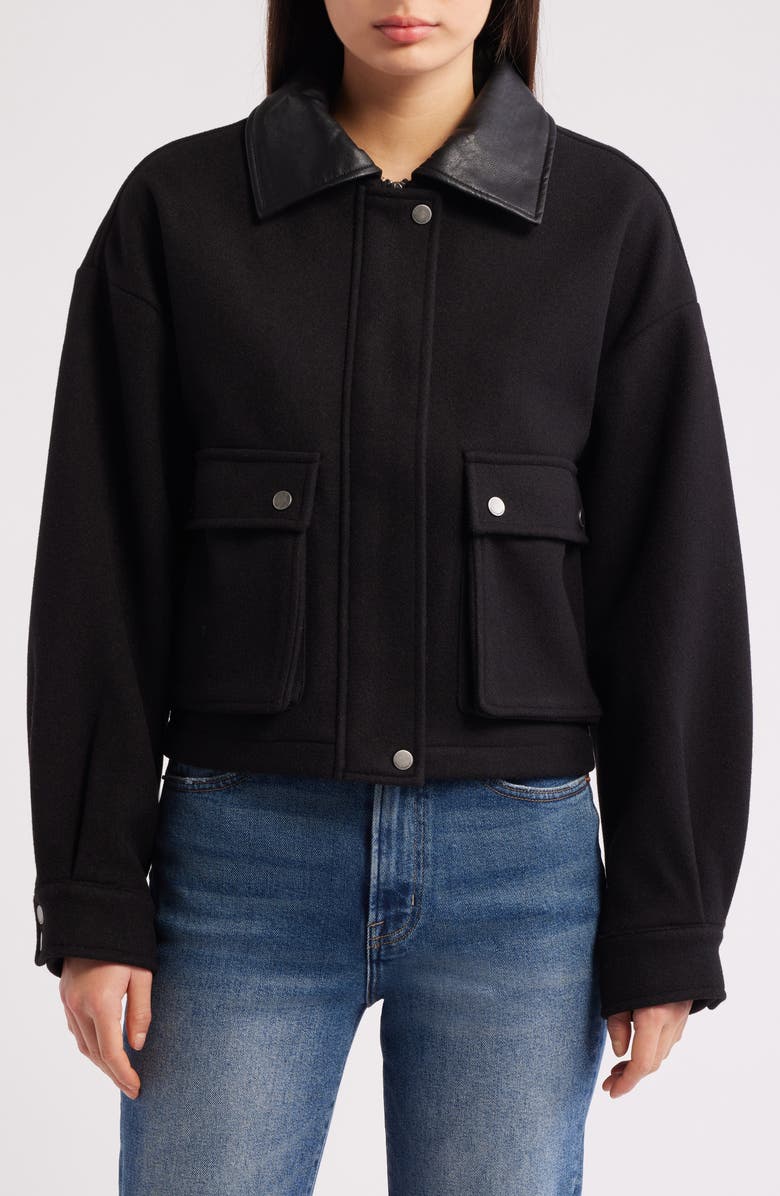 Lucky Brand Faux Leather Collar Crop Bomber Jacket, Alternate, color, Black