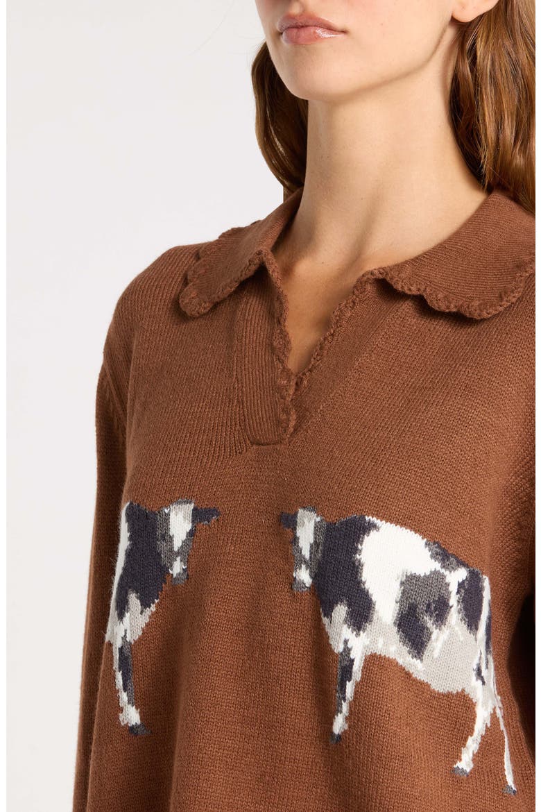 Countryside Cow Split Neck Sweater, Alternate, color, BROWN