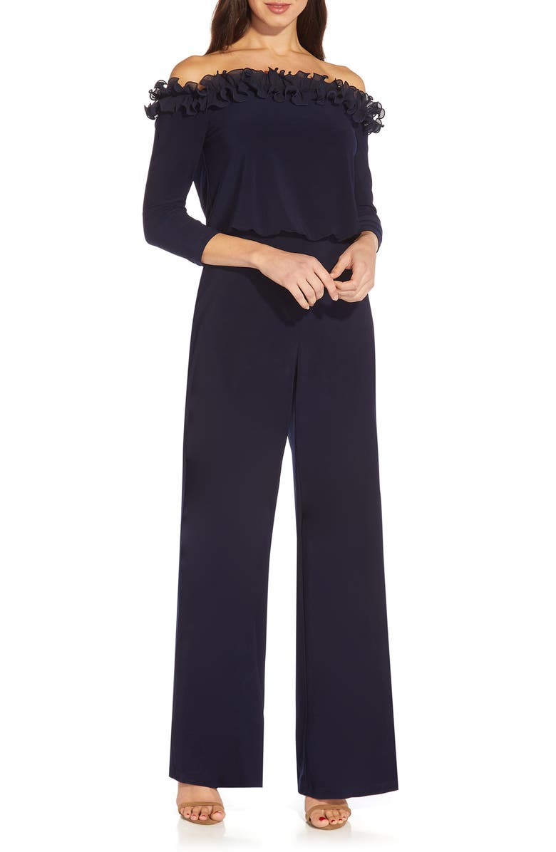 Adrianna Papell Ruffle Off the Shoulder Blouson Bodice Jumpsuit, Main, color, Navy