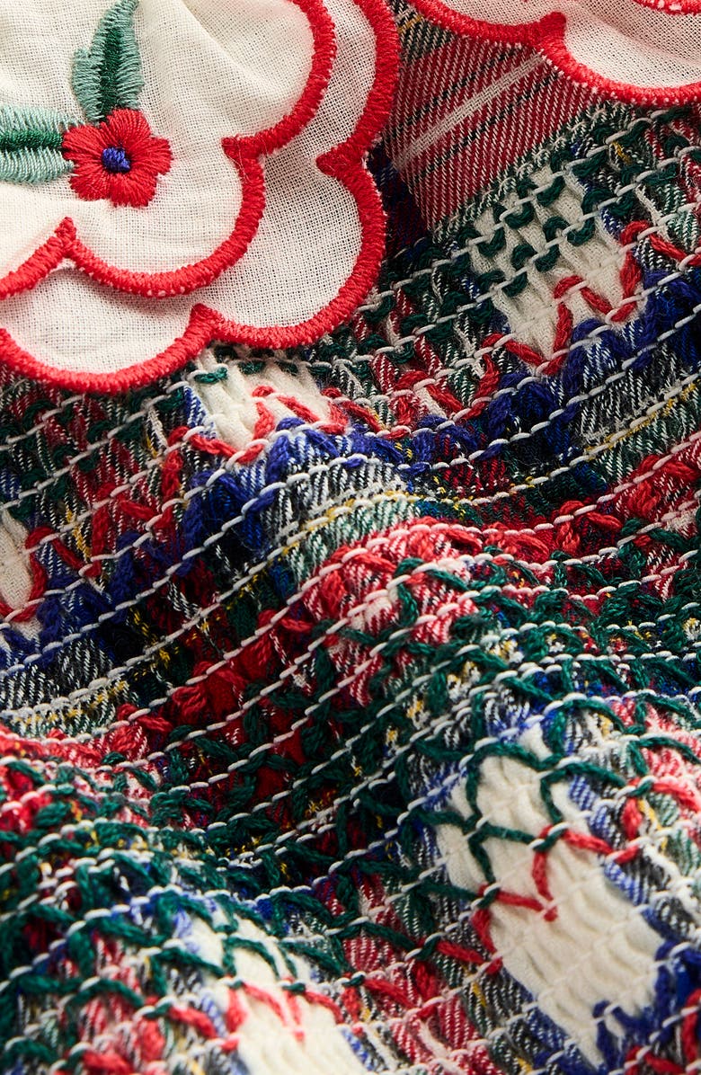 Mini Boden Kids' Plaid Smocked Bodice Long Sleeve Cotton Dress, Alternate, color, Red Check