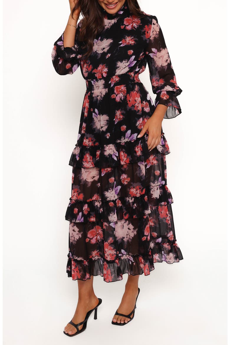 Isadora Floral Print Ruffle Long Sleeve Maxi Dress, Alternate, color, BLACK BLURRED FLORAL