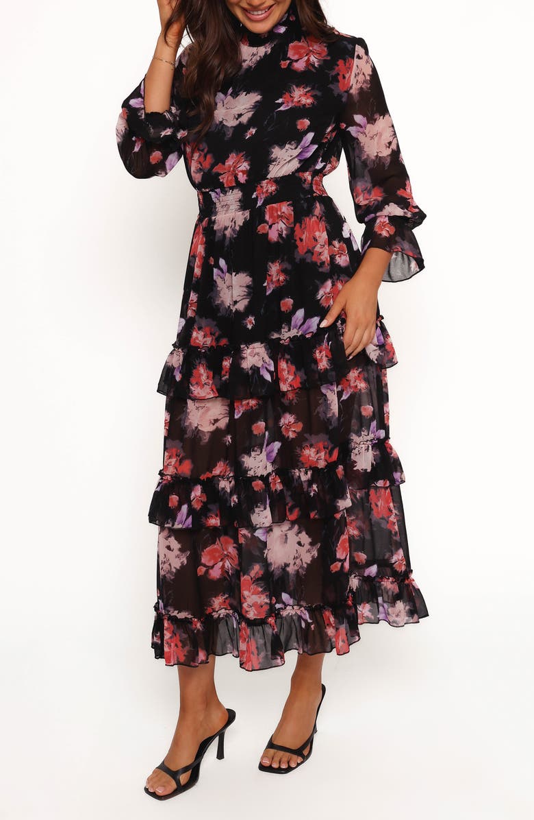 Petal & Pup Isadora Floral Print Ruffle Long Sleeve Maxi Dress, Alternate, color, Black Blurred Floral