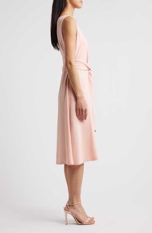 Connected Apparel Tie Waist Crepe Midi Dress In Peach