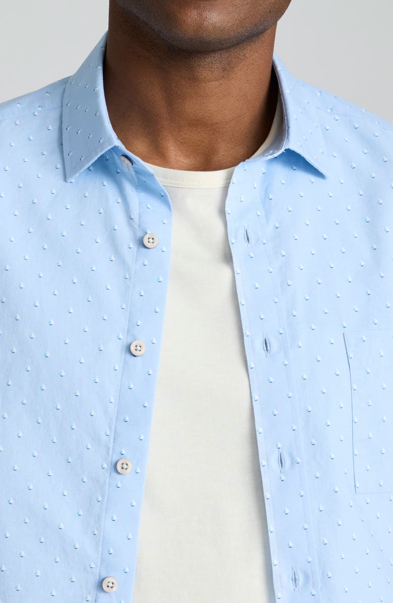 UNTUCKit Quinn Summerweight Short Sleeve Sailboat Print Cotton & Linen Button-Up Shirt, Alternate, color, Light Blue White