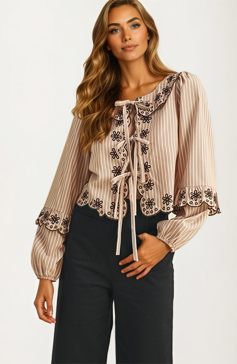 Knit and Lounge Striped Tie-Front Blouse with Floral Embroidered Trim, Main, color, Taupe / Black Embroidery