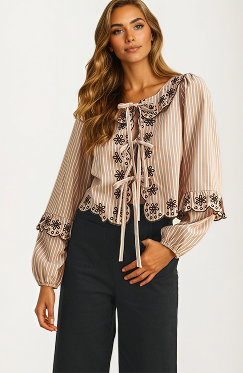 Striped Tie-Front Blouse with Floral Embroidered Trim