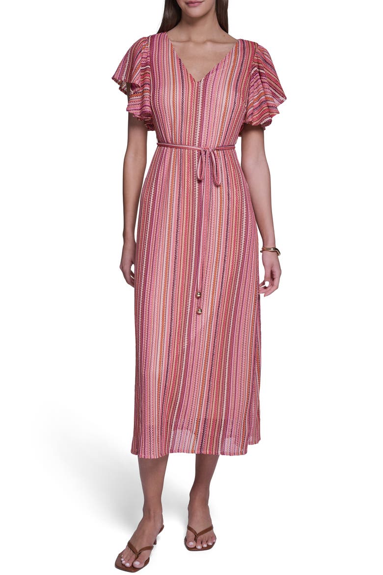 V-Neck Ruffled Sleeve Midi Dress, Main, color, PINK MULTI