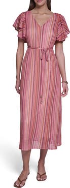 HALSTON V-Neck Ruffled Sleeve Midi Dress
