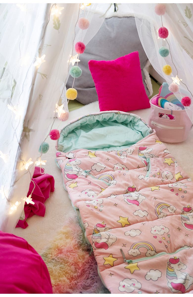 mimish Kids' Sleep-n-Pack Unicorn Print Sleeping Bag Backpack, Alternate, color, Unicorn Doodle Multi-Print