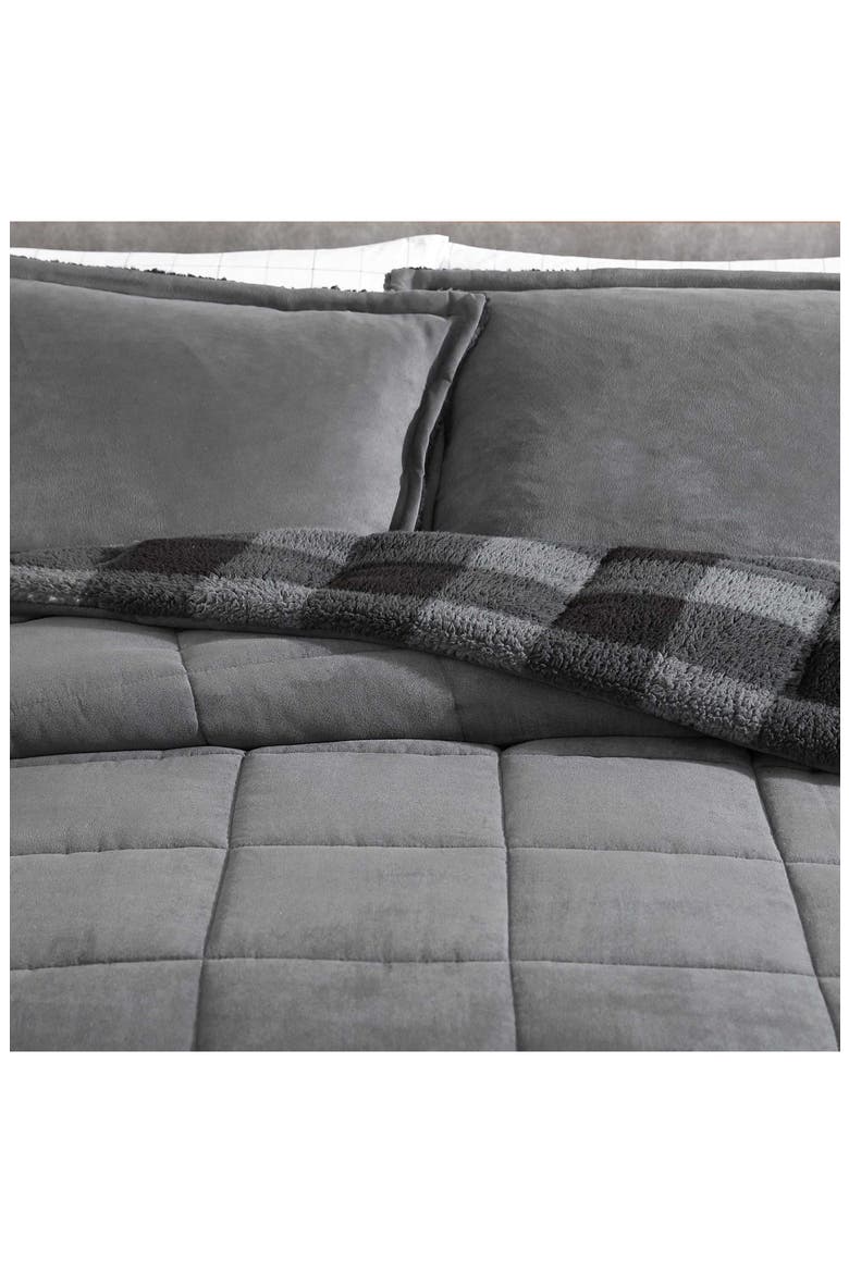 Cabin Plaid Reversible Faux Shearling Comforter Set, Alternate, color, DARK GREY