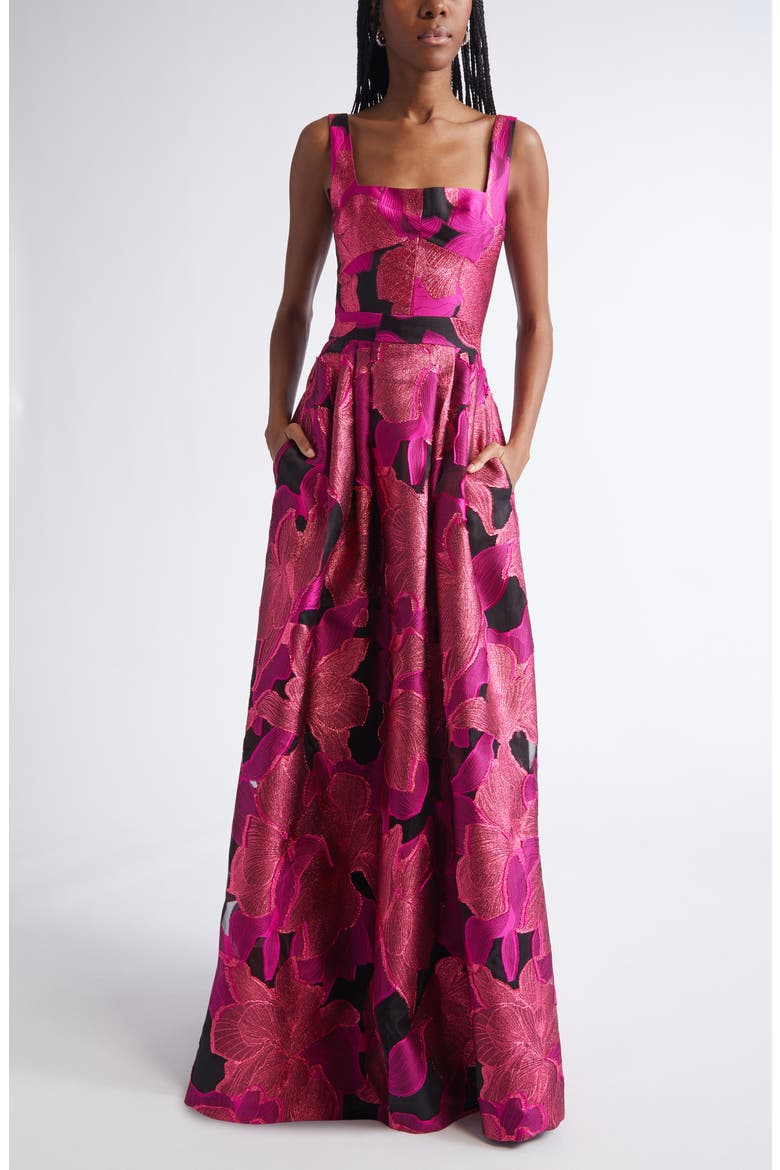 Metallic Jacquard Organza Gown, Main, color, HOT PINK