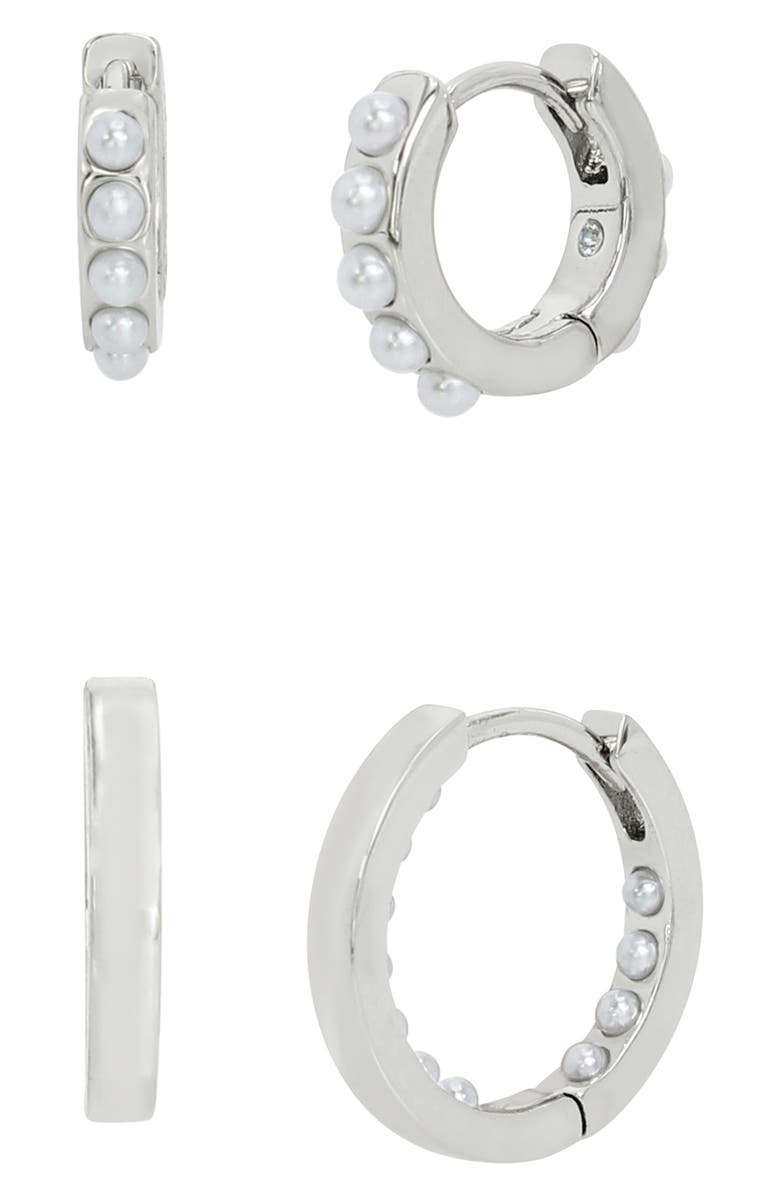 AllSaints Set of 2 Faux Pearl Huggie Hoop Earrings, Main, color,