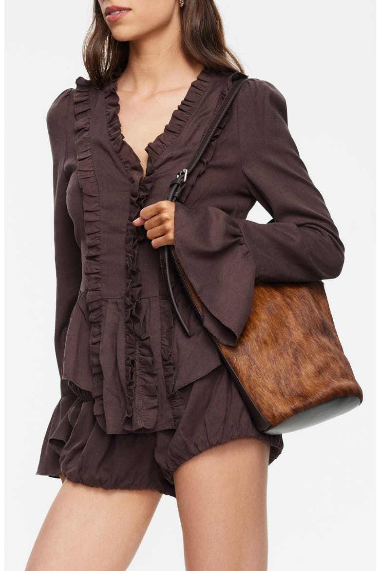 Odette Ruffle Bell Sleeve Tie Back Linen Blend Top, Alternate, color, BROWN