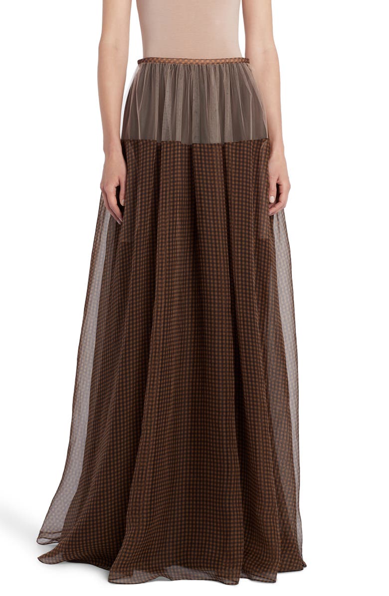 Fendi Check Silk & Tulle Maxi Skirt, Main, color,