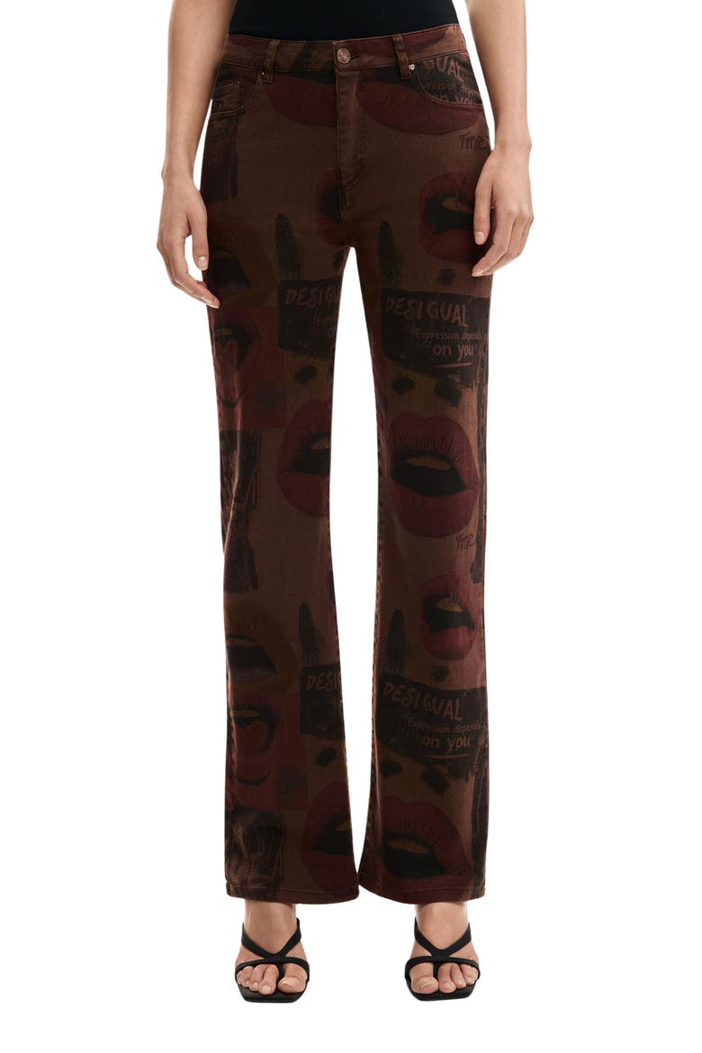 Printed Straight Leg Jeans, Main, color, BROWN