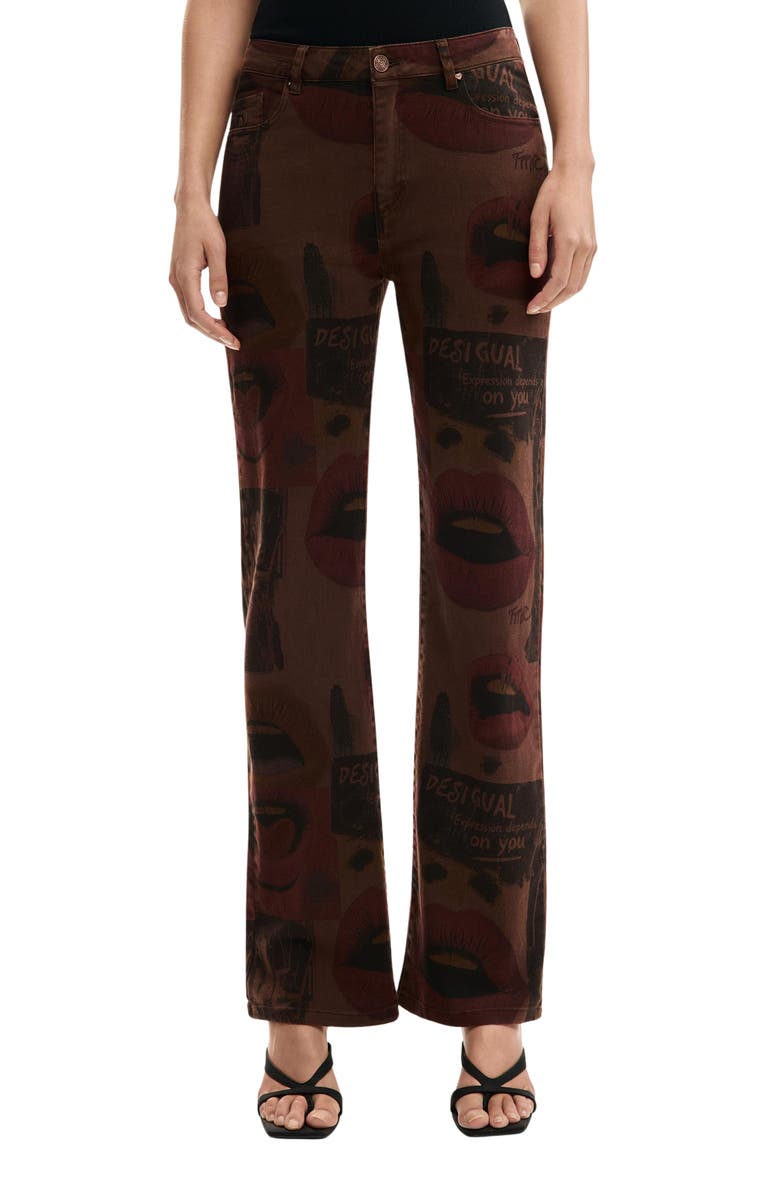 Desigual Printed Straight Leg Jeans, Main, color, Brown
