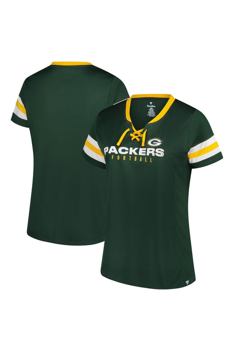 Women's Fanatics Green Green Bay Packers Plus Size Rhinestone Redzone Athena Lace-Up Notch Neck T-Shirt, Main, color, Green