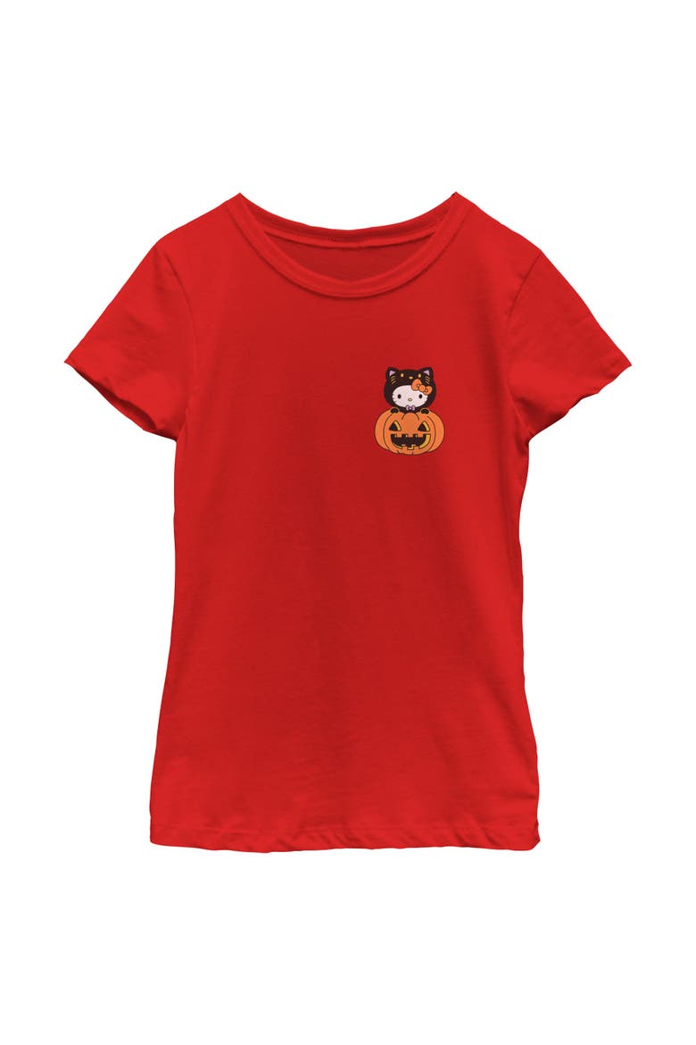 Girls' Halloween Pumpkin and Kitty Pocket Short Sleeve Graphic T-Shirt, Main, color, Red