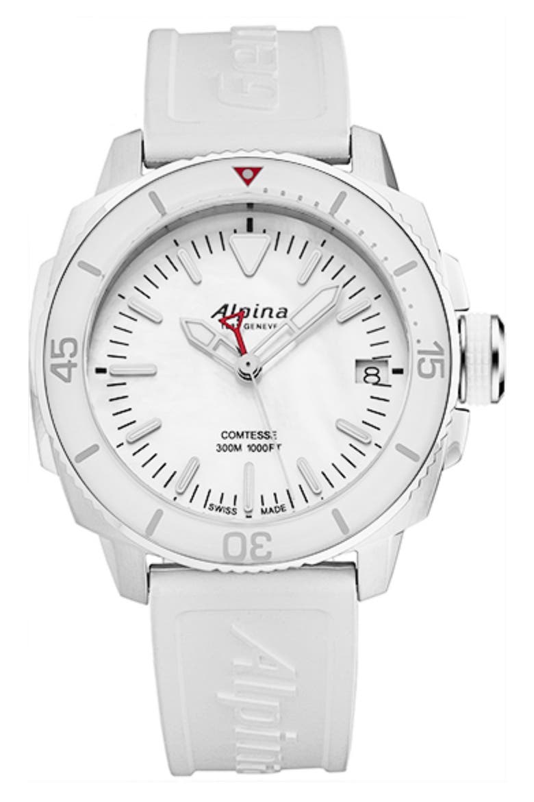 Seastrong Diver Comtesse Mother-of-Pearl Rubber Strap Watch, 34mm, Main, color, WHITE