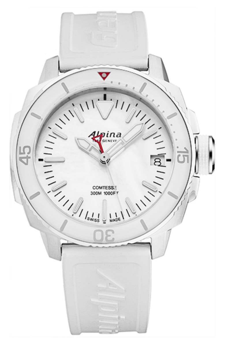 ALPINA Seastrong Diver Comtesse Mother-of-Pearl Rubber Strap Watch, 34mm, Main, color, White