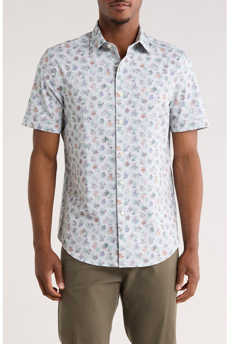 Miles OoohCotton® Abstract Print Short Sleeve Button-Up Shirt, Main, color, WHITE/ JADE