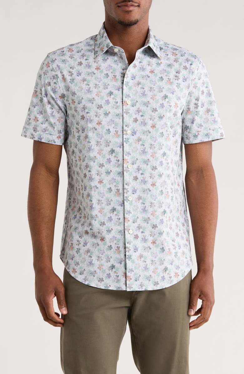Bugatchi Miles OoohCotton<sup>®</sup> Abstract Print Short Sleeve Button-Up Shirt, Main, color, White/ Jade