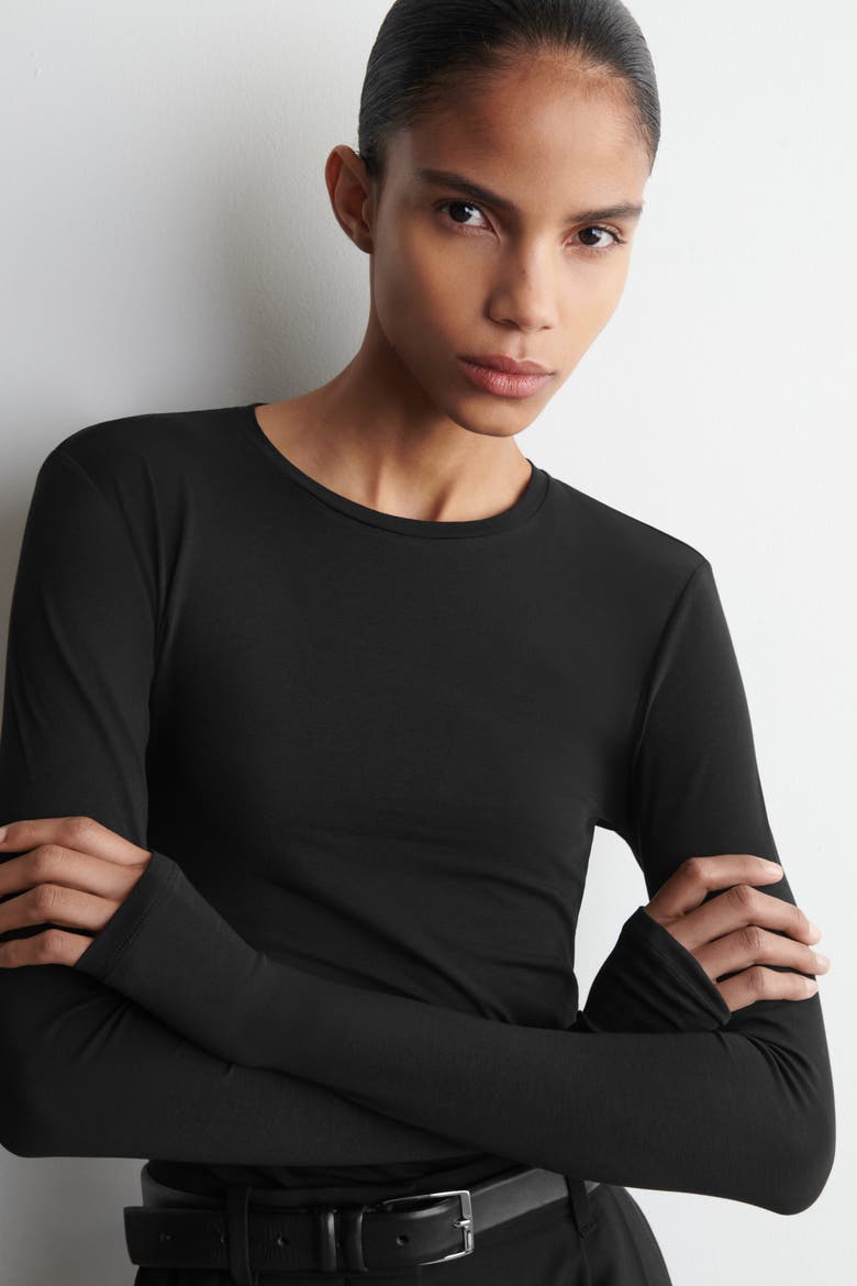 Cotton Long-Sleeved Top, Alternate, color, BLACK