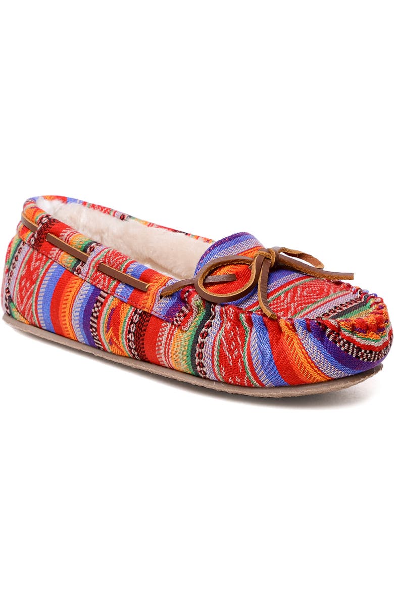 Minnetonka Cally Faux Fur Lined Slipper, Main, color, Frisco Stripe