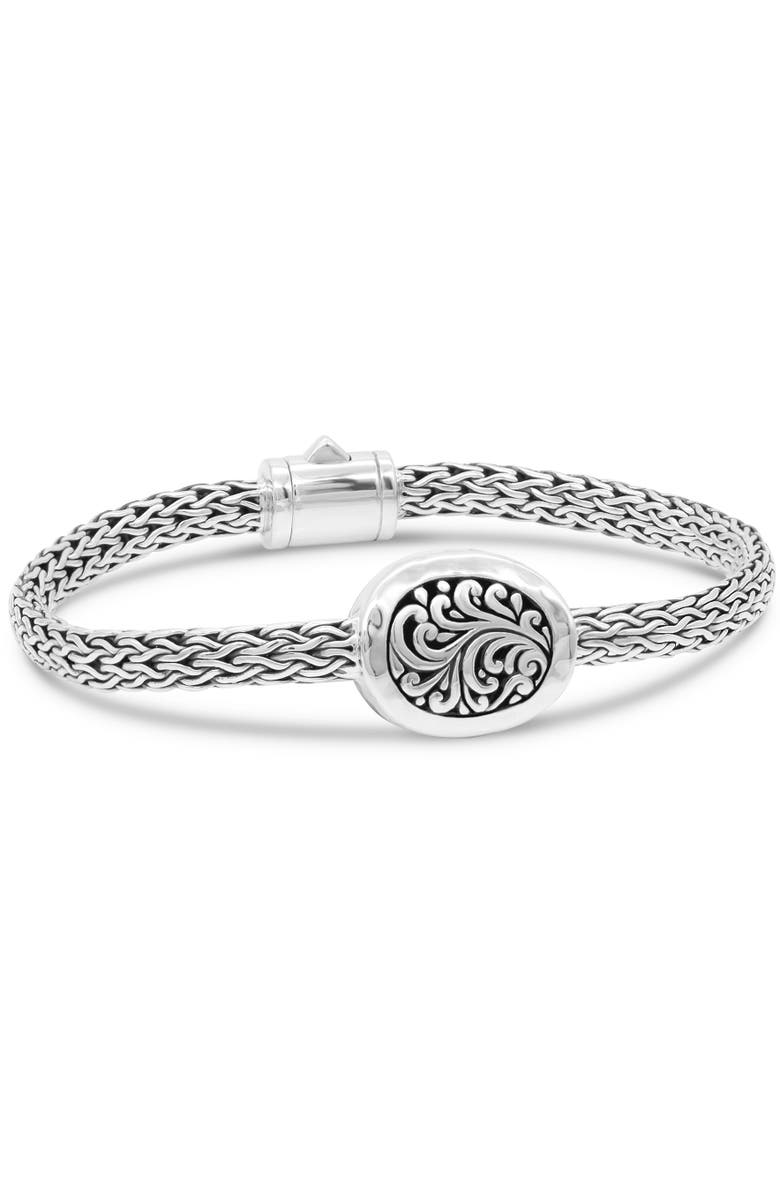 DEVATA Bali Filigree with Hammer Accent with Dragon Bone Chain Bracelet in Sterling Silver, Main, color, Silver