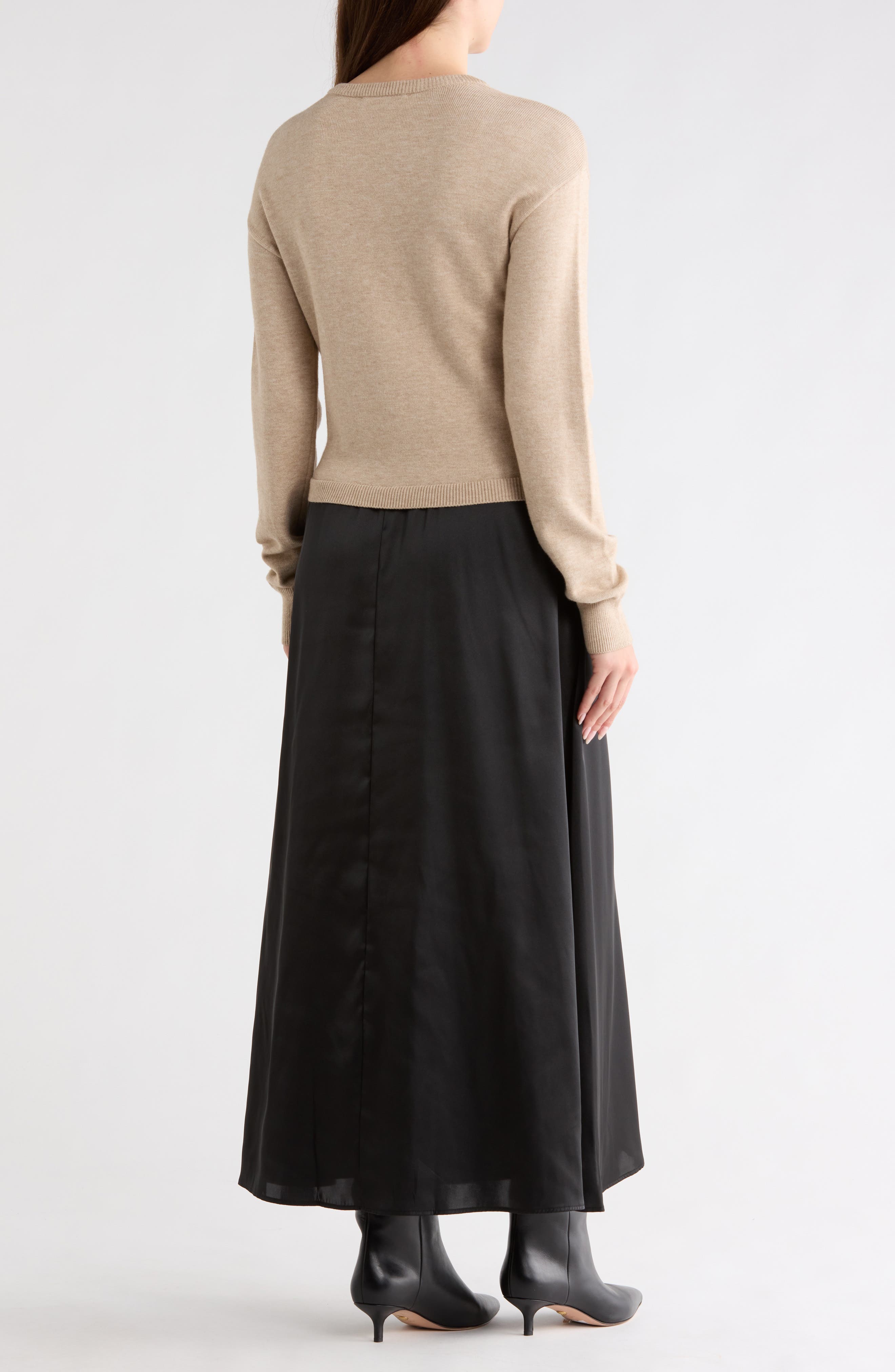 Long Sleeve Mixed Media Rib & Satin Maxi Dress - image 2