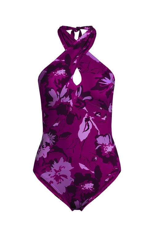 Lands' End Criss Cross Halter Tankini Swimsuit Top In Crimson Rose Abstract Floral