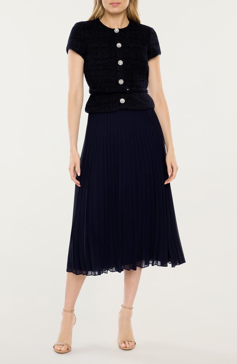 LIKELY Pamela Pleated Mixed Media Midi Dress, Main, color, Navy
