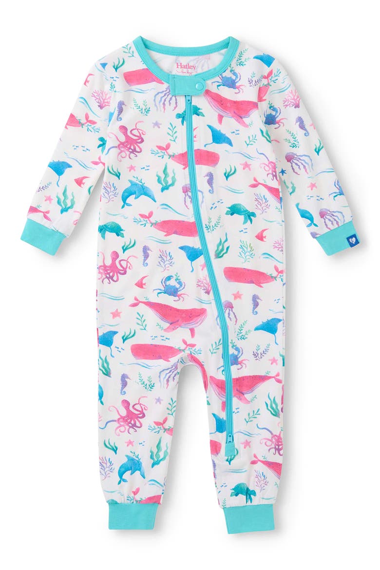 Painted Sealife Organic Cotton Zip Romper, Main, color, WHITE