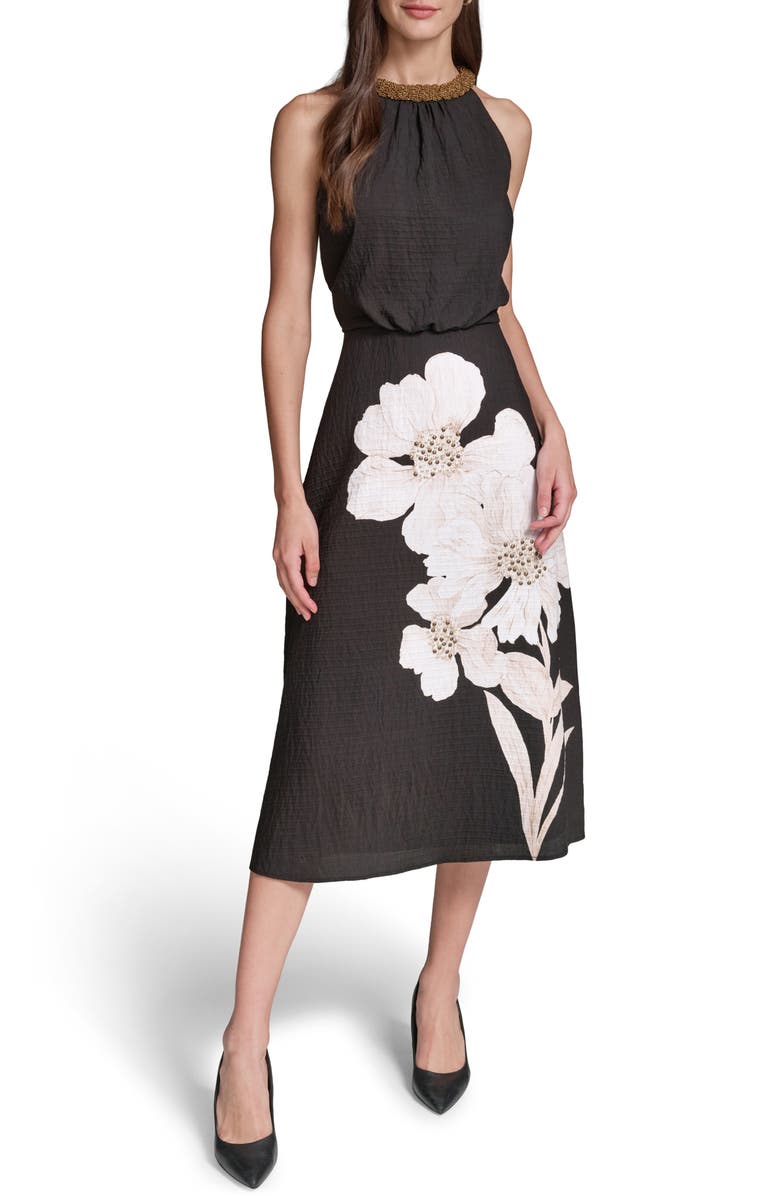 KARL LAGERFELD PARIS Placed Floral Bead Collar Detail Sleeveless Midi Dress, Main, color, Midnight Multi