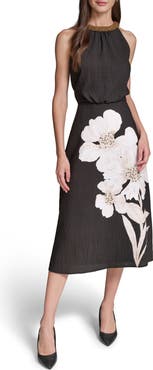 KARL LAGERFELD PARIS Placed Floral Bead Collar Detail Sleeveless Midi Dress
