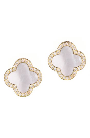 Adornia 14k Gold Plated Mother Of Pearl Halo Cz Clover Stud Earrings In Gold