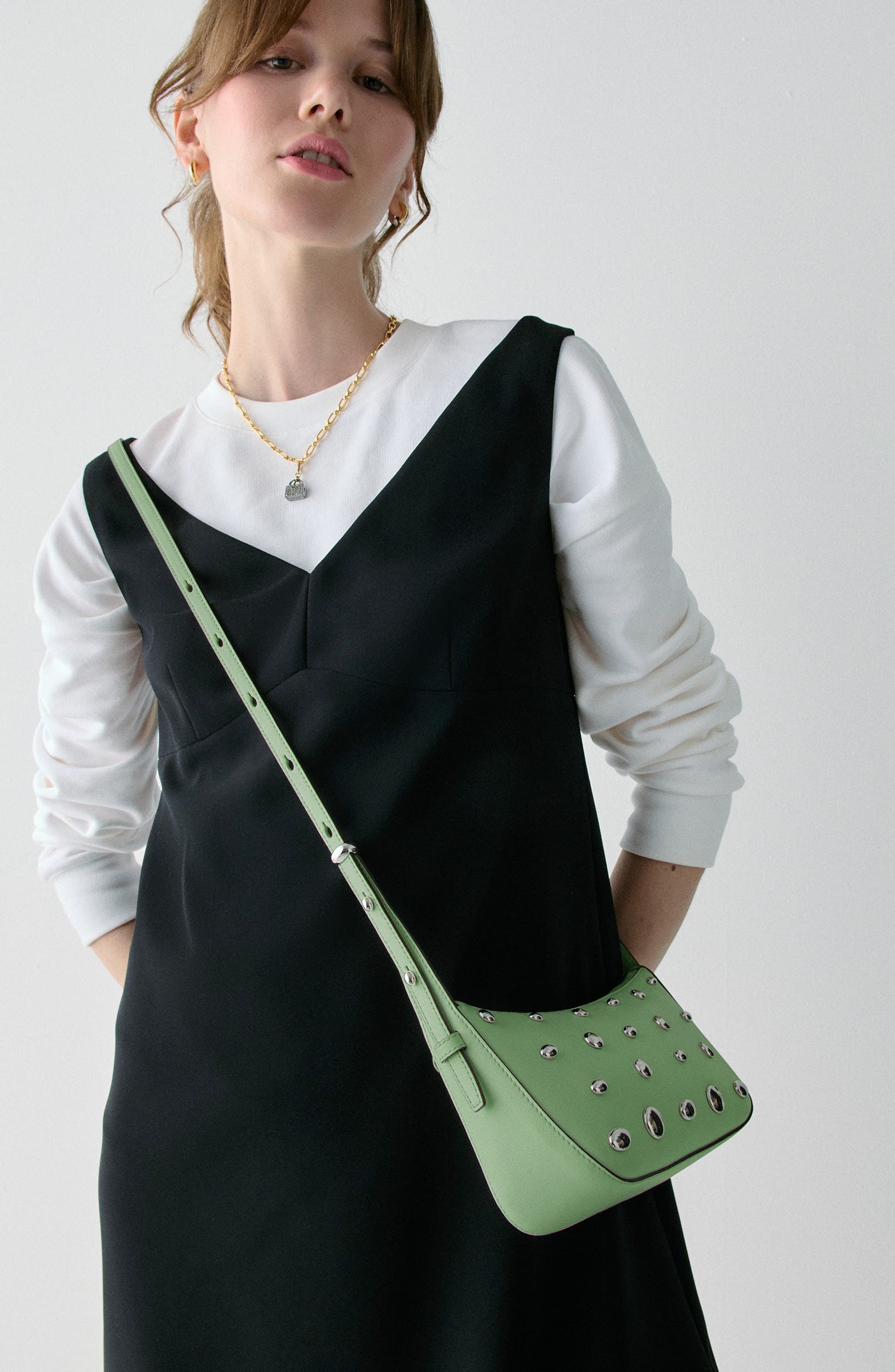 Kate Spade New York halo studded fine grain leather crossbody, Alternate, color, Crisp Sage