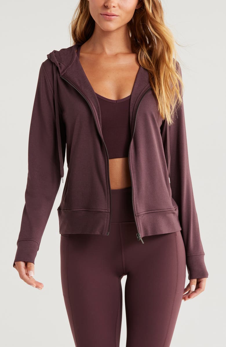 Zella Restore Soft Zip-Up Hoodie, Main, color, Burgundy Fudge