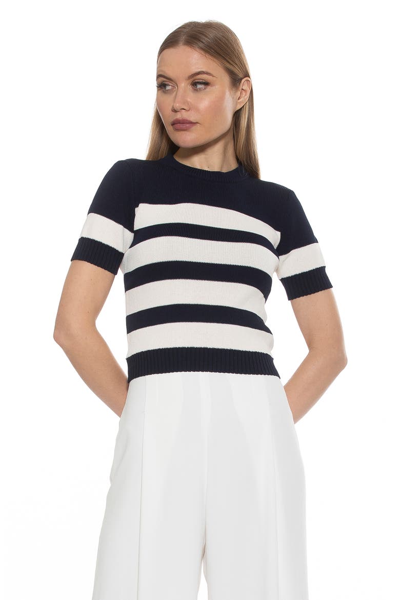 Pat Stripe Short Sleeve Sweater Top, Alternate, color, BLACK/ IVORY