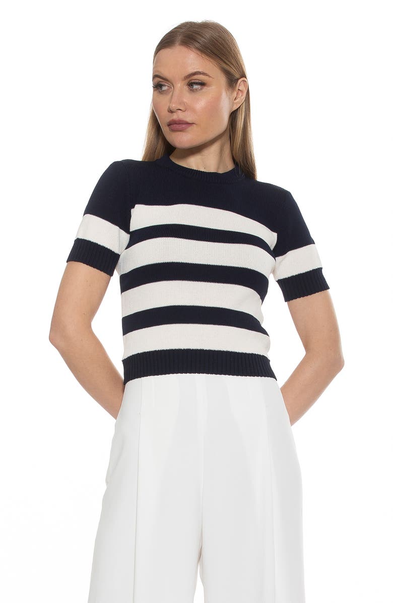 Alexia Admor Pat Stripe Short Sleeve Sweater Top, Alternate, color, Black/ Ivory