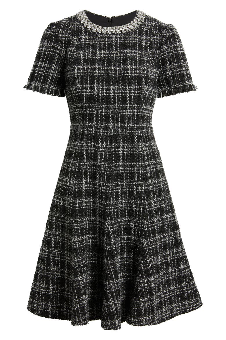 Rhinestone Trim Fit & Flare Tweed Dress, Alternate, color, BLACK