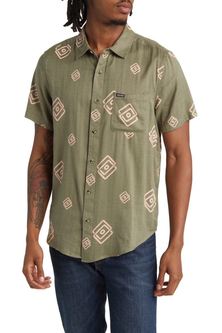Charter Classic Fit Short Sleeve Slub Button-Up Shirt, Main, color, OLIVE SURPLUS/ CORAL PINK