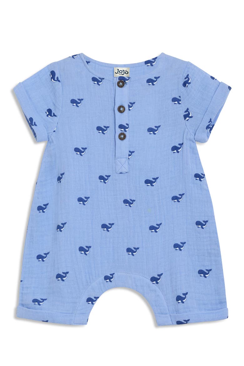 Whale Print Cotton Gauze Romper, Main, color, BLUE