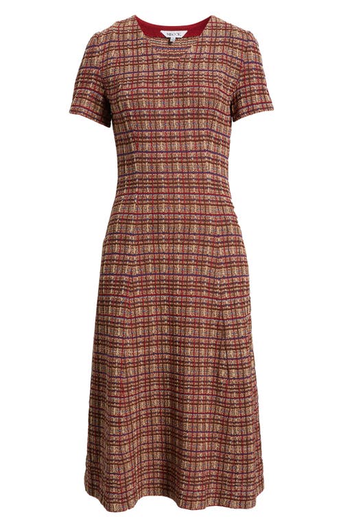 Misook A-line Plaid Multi-stitch Knit Midi Dress In Brown