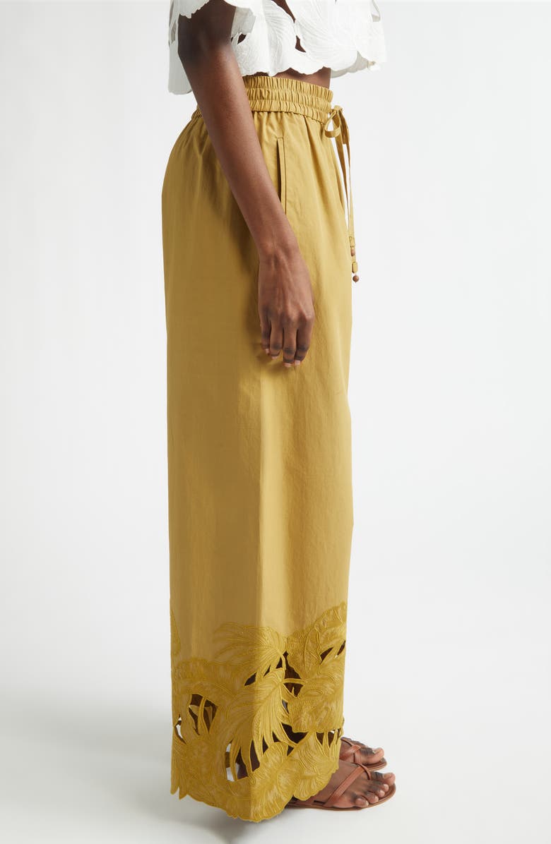 Zimmermann Mahon Embroidered Cutwork Cotton Wide Leg Ankle Pants, Alternate, color, Moss
